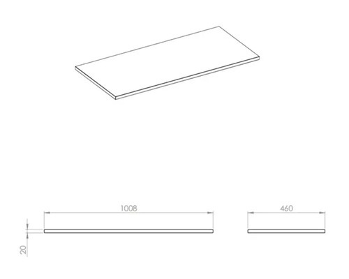 Technische tekening van een wastafelblad met de afmetingen 1008 x 460 x 20 millimeter.