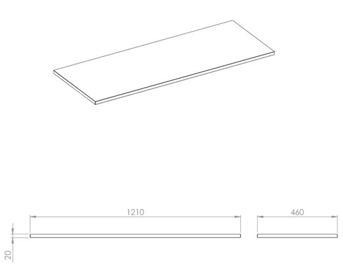 Werkblad met afmetingen 1210 x 460 x 20 millimeter