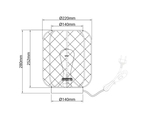 Technische tekening van een lamp met afmetingen van 280 millimeter hoog en 220 millimeter in diameter.