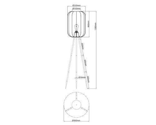 Technische tekening van een staande lamp met de afmetingen hoogte 1380 mm, lampenkap diameter 320 mm en 150 mm en een lampvoet diameter 460 mm.