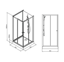 Technische tekening van een douchecabine met de afmetingen 900 x 900 x 1950 mm.