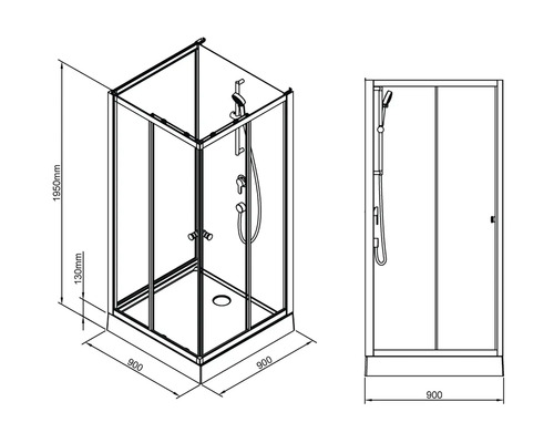 Technische tekening van een douchecabine met de afmetingen 900 x 900 x 1950 mm.