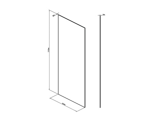 Technische tekening van een douchewand met de afmetingen 2100 mm hoog, 860 mm breed en 8 mm dik.