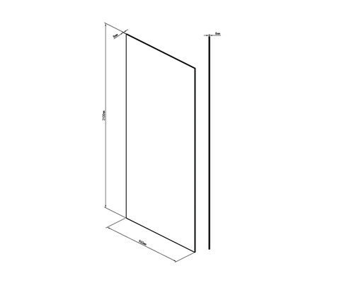 Afbeelding van een douchewand met afmetingen van 2100 mm hoog en 960 mm breed.