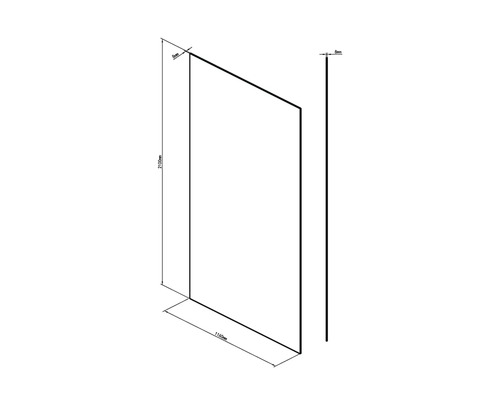 Technische tekening van een douchewand met de afmetingen 2100 mm hoogte, 1160 mm breedte en 8 mm dikte.