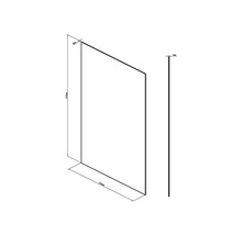 Schets van een douchewand met afmetingen 2100 mm hoog, 1360 mm lang en 8 mm dik