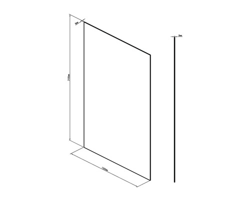 Schets van een douchewand met afmetingen 2100 mm hoog, 1360 mm lang en 8 mm dik