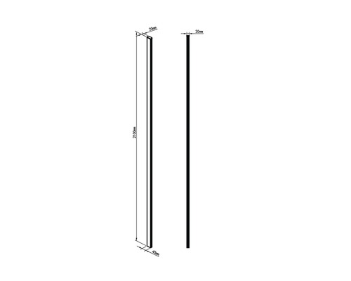 Technische tekening van een profiel met de afmetingen 2100 mm lengte, 45 mm breedte en 20 mm diepte.