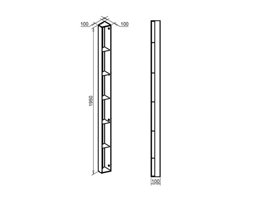 Technische tekening van een 1950 mm hoog en 100 mm breed rek