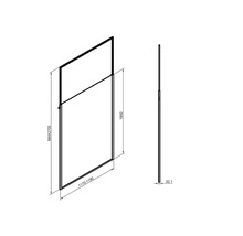 Technische tekening van een douchewand met maatvoering.