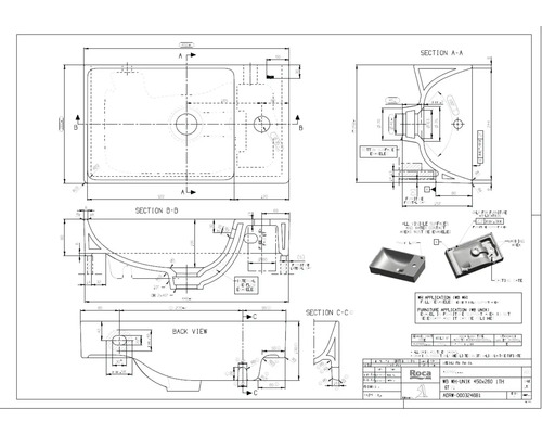 Technische tekening wastafel Roca Unik 450x260