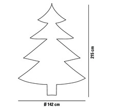 Omtrek van een kerstboom met de afmetingen 215 centimeter hoog en 142 centimeter diameter