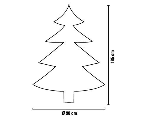 Omtrek van een kerstboom met afmetingen: 185 cm hoog, 90 cm diameter