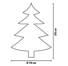 Illustratie van een kerstboom met de afmetingen 215 cm hoogte en 110 cm doorsnede