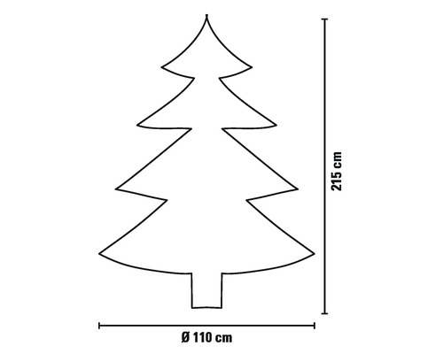 Illustratie van een kerstboom met de afmetingen 215 cm hoogte en 110 cm doorsnede