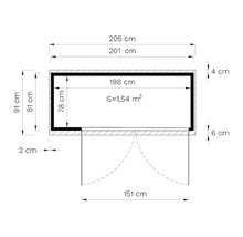Technische tekening met afmetingen van een tuinhuis