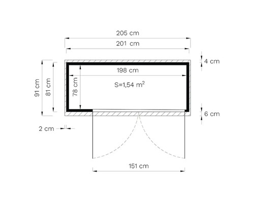 Technische tekening met afmetingen van een tuinhuis