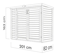 Technische tekening van een tuinhuis met de afmetingen 163 cm hoog, 201 cm breed en 82 cm diep.