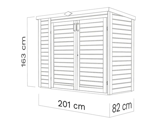 Technische tekening van een tuinhuis met de afmetingen 163 cm hoog, 201 cm breed en 82 cm diep.