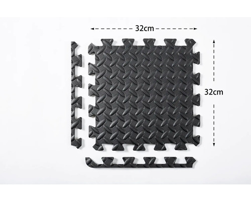Zwarte, vierkante puzzelmat met een zijlengte van 32 centimeter en randstukken