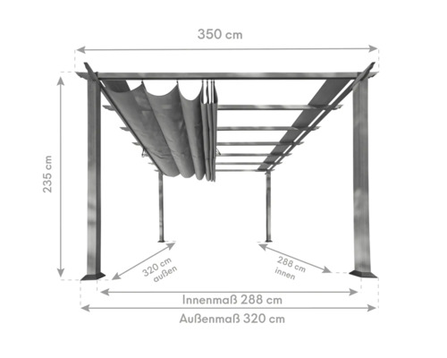 Afmetingen van een pergola met schuifdak en vier palen