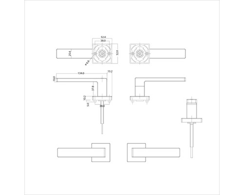 Technische tekening van een deurklink met maatvoering