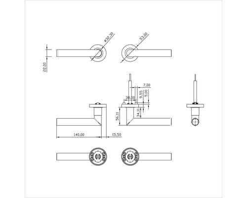 Technische tekening van een deurklink met maatvoering
