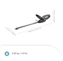 Gardena accu heggenschaar met een lengte van 86,8 cm en een gewicht van 2,09 kg.