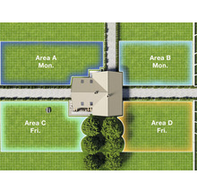 Bovenaanzicht van een huis met tuin, verdeeld in maaigebieden met schema