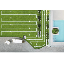 Bovenaanzicht van een tuin met een robotmaaier, die zijn route aangeeft met lijnen met pijlen