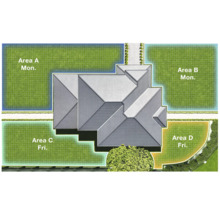 Bovenaanzicht van een huis met tuinoppervlakken en irrigatieplan.