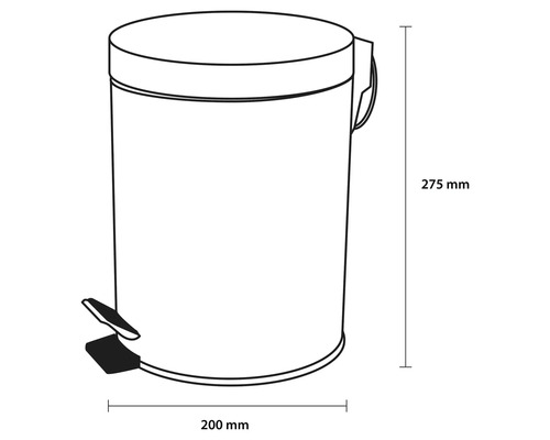 Afbeelding van een pedaalemmer met afmetingen van 275 mm hoog en 200 mm breed.