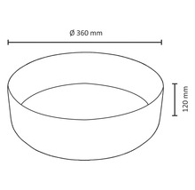 Schets van een plantenschaal met de afmetingen diameter 360 millimeter en hoogte 120 millimeter