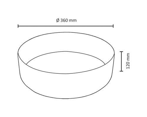 Schets van een plantenschaal met de afmetingen diameter 360 millimeter en hoogte 120 millimeter