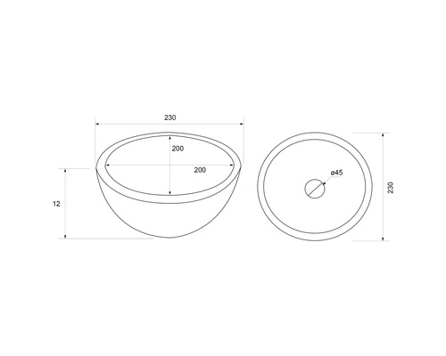 Tekening van een wastafel met maatvoering