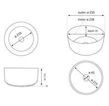 Technische tekening van een opzetwastafel met afmetingen