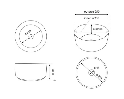 Technische tekening van een opzetwastafel met afmetingen