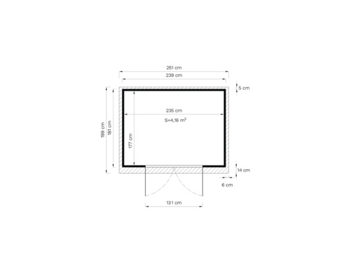 Plattegrond van een tuinhuis met afmetingen