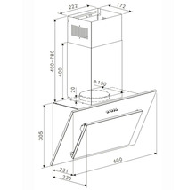 Technische tekening van een afzuigkap met afmetingen.