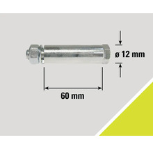 Afbeelding van een bout met moer en maataanduidingen: diameter 12 mm, lengte 60 mm.