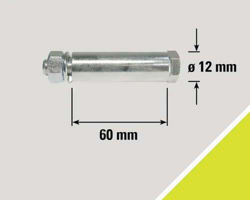 Afbeelding van een bout met moer en maataanduidingen: diameter 12 mm, lengte 60 mm.