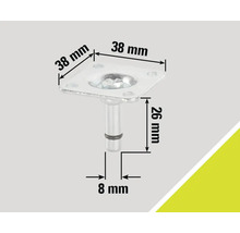 Meubelglijder met afmetingen 38 mm, 38 mm, 26 mm en 8 mm