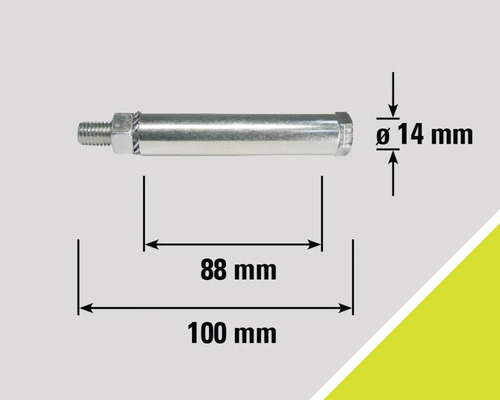 Illustratie van een bout met afmetingen 100 millimeter lengte, 88 millimeter schroefdraadlengte en 14 millimeter diameter