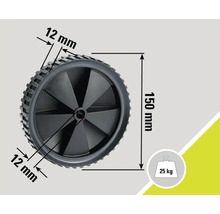 Wiel met afmetingen 150 mm diameter en 12 mm breedte, belastbaar tot 25 kilogram