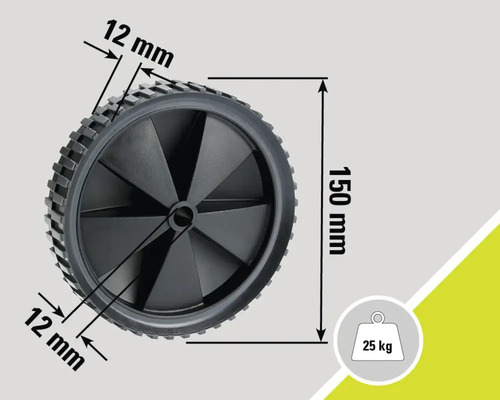 Wiel met afmetingen 150 mm diameter en 12 mm breedte, belastbaar tot 25 kilogram