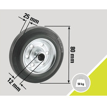 Wiel met afmetingen 80 mm diameter, 25 mm bandbreedte en 12 mm asgat, draagvermogen 50 kg