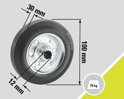 Wiel met band en een draagvermogen van 70 kilogram, afmetingen: 100 mm diameter, 30 mm bandbreedte, 12 mm asgat