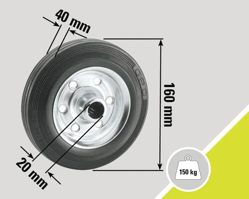 Wiel met afmetingen 160 millimeter maal 40 millimeter en een draagvermogen van 150 kilogram
