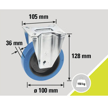Zwenkwiel met afmetingen 105 mm x 128 mm x diameter 100 mm en een draagvermogen van 150 kg
