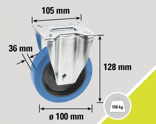 Zwenkwiel met afmetingen 105 mm x 128 mm x diameter 100 mm en een draagvermogen van 150 kg